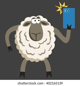 Selfie goofy sheep holding smartphone and taking self portrait with bright flash. Selfie vector concept on black background