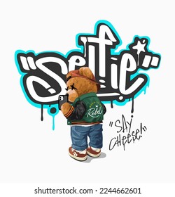 selfie graffiti slogan with cool bear doll in street fashion taking selfie vector illustration