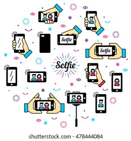 Selfie graphic flat icon set. Vector color illustration. Photos with smart phone in hand. Clean and simple outline design elements, symbols and pictograms in circle form