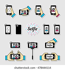 Selfie graphic flat icon set. Vector color sticker illustration. Photos with smart phone in hand. Clean and simple outline selfi design elements, symbols and pictograms on background
