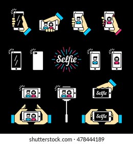 Selfie graphic flat icon set. Vector color illustration. Photos with smart phone in hand. Clean and simple outline design elements, symbols and pictograms on black background