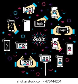 Selfie graphic flat icon set. Vector color illustration. Photos with smart phone in hand. Clean and simple outline design elements, symbols and pictograms in circle form on black background
