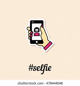 Selfie graphic flat icon. Vector color sticker illustration. Taking photo with smart phone in hand. Clean and simple outline design elements, symbols and pictograms on color background
