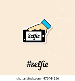 Selfie graphic flat icon. Vector color sticker illustration. Taking photo with smart phone in hand. Clean and simple outline design elements, symbols and pictograms on color background
