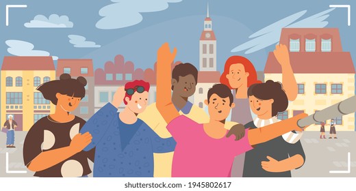 Selfie group flat composition with historical town landmark cityscape background and group of happy friends tourists vector illustration