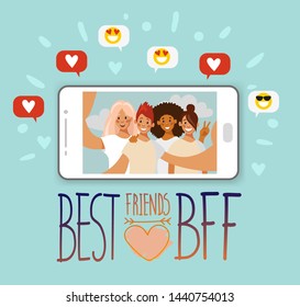 Selfie group of friends of girls on the screen of the smartphone. Phrase best friends. Like and smilies in bubbles. Vector illustration in flat cartoon style.