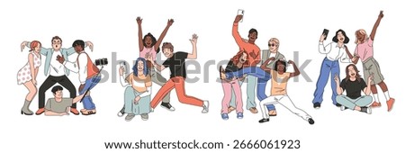 Selfie group posing. Happy people photographed, funny friends posing, positive characters team, mobile phones and sticks, smartphone front camera cartoon flat isolated illustration, tidy vector set