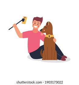 Selfie, guy and dog are photographed. Cartoon. Vector illustration.