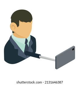Icono tipo selfie vector isométrico. Hombre asiático haciendo foto de selfie en un smartphone. Estilo de vida, foto, en línea, tecnología moderna