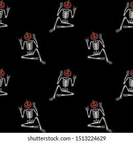 Selfie Halloween pumpkin skeleton seamless pattern
