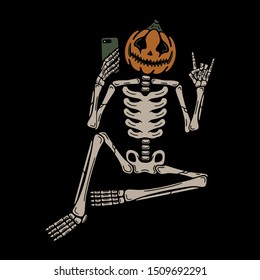 Selfie Halloween pumpkin skeleton text on black background