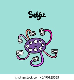 Dibujo vectorial hecho a mano selfie en estilo caricatura. Araña violeta sosteniendo smartphones en cada brazo. Póster de impresión de tarjeta rosa
