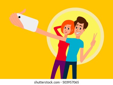 Selfie. Handsome young man looking at smartphone, holding camera and making selfie with cellphone and smiling while standing against blue background. Self photo. Vector flat design illustration.