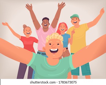 Selfie of happy friends. A group of young people makes a joint photo for social networks. Teenagers are having fun. Cheerful youth. Vector illustration in flat style