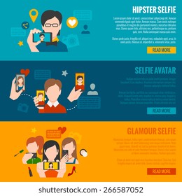 Selfie horizontal banner set with hipster glamour avatars elements isolated vector illustration