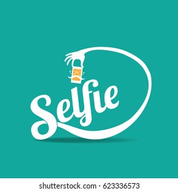 Selfie icon flat design. The word Selfie takes a photo. With fun mustache and eyeglasses. EPS 10 vector.