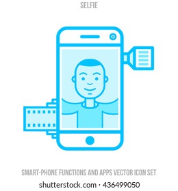Selfie icon. Functions of a smartphone. Man doing a selfie concept. Flat Style. Thin Line Art Design. Vector illustration.