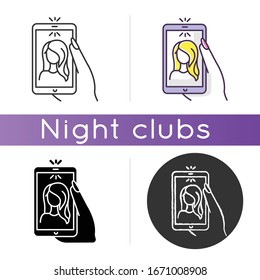 Selfie icon. Linear black and RGB color styles. Self photo, front camera picture. Modern fashion, trendy activity. Young girl portrait on smartphone screen isolated vector illustrations
