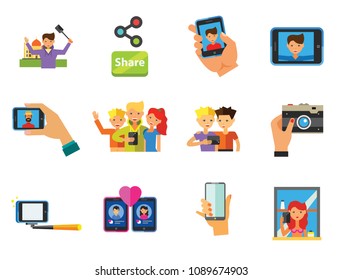 Selfie Icon Set. Dating Selfie Group Selfie Mirror Monopod Travel Selfie Smartphone Photo Tablet Photo Camera Hand With Smartphone Social Media Chatting