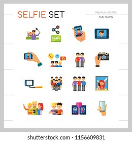 Selfie Icon Set. Dating Selfie Group Self portrait Mirror Monopod Selfie Travel Smartphone Selfie Tablet Photo Camera Hand With Smartphone Social Media Chatting