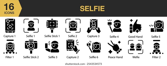 Selecione o conjunto de ícones. Inclui captura, filtro, boa mão, selfie, stick e muito mais. Coleção vetorial de ícones sólidos.