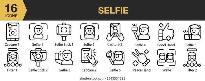 Selecione o conjunto de ícones. Inclui captura, filtro, boa mão, selfie, stick e muito mais. Contornar coleção de vetores de ícones.