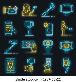 Juego de iconos de selfie. Conjunto de esquema de iconos de vector selfie color de neón en negro