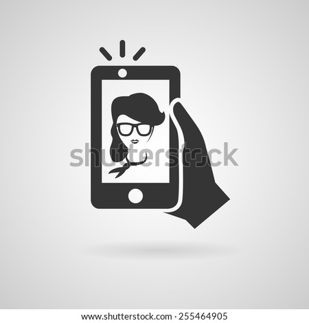 Selfie icon. Trendy woman taking a self portrait on smart phone. Vector illustration. 