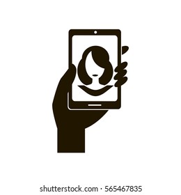 Selfie icon with woman and smartphone. Vector illustration flat design. 