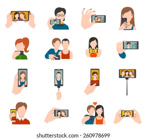 Selfie icons flat set with people taking photo portraits isolated vector illustration