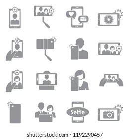 Selfie Icons. Gray Flat Design. Vector Illustration. 