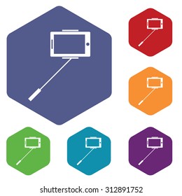 Selfie icons set, in hexagon, on colored circles, isolated on white