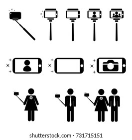 Selfie icons set, making selfie on the phone with a selfie stick