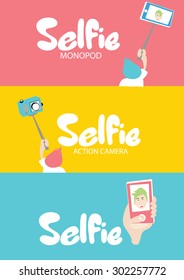 Selfie icons set - monopod, action camera and smartphone selfie 