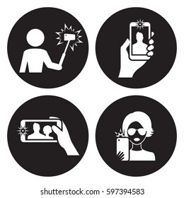 Selfie icons set. White on a black background