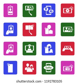 Selfie Icons. White Flat Design In Square. Vector Illustration. 