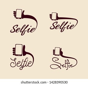 selfie inscription hand cellphone icon vector ilustration