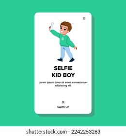 selfie kid boy vector. happy young, child selfie, camera lifestyle, smiling fun, photo male selfie kid boy web flat cartoon illustration