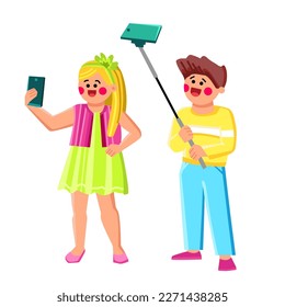 vector de tipo selfie. feliz infantil, diversión joven, niñez de niña, cámara fotográfica, hermoso personaje de niño selfie. ilustración de dibujos animados planos de personas