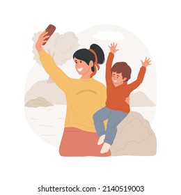 Selfie with kids isolated cartoon vector illustration. Young mother making selfie with child, sharing photo on social media, taking picture of kid, digital communication vector cartoon.