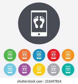 Selfie legs sign icon. Self feet photo on smartphone symbol. Round colourful 11 buttons. Vector