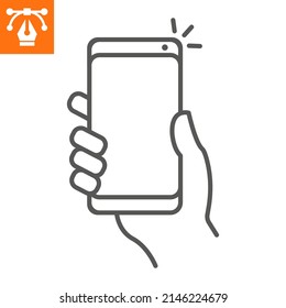 Selfie line icon, outline style icon for web site or mobile app, hand and phone, smartphone vector icon, simple vector illustration, vector graphics with editable strokes.