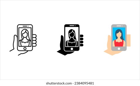 Selfie line icon set, outline style icon for web site or mobile app, hand and phone, smartphone vector icon, vector illustration on white background