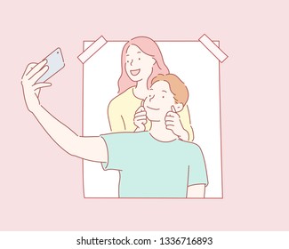 Selfie lover couple. Vector illustration portrait character of young man and woman, holding smartphone, making selfie photo with smile and happiness. Hand drawn style vector design illustrations.