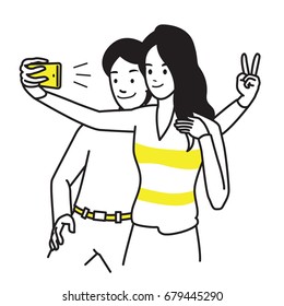 Selfie lover couple. Vector illustration portrait character of young man and woman, holding smartphone, making selfie photo with smile and happiness. Outline hand draw sketching style.