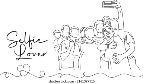 Selfie Lover logo, Selfie Lover vector, Sketch drawing of sports team group taking selfie, line art illustration of group of young people taking selfie