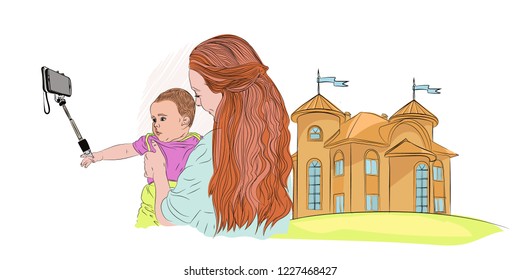 Selfie makes a small child with mom and a medieval castle on a far background journey with children. vector illustration on white isolated background