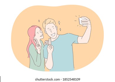 Selfie, making photo on smartphone, blogging, sharing online concept. Young smiling couple cartoon characters showing peace sign with fingers, looking at phone camera and making selfie together