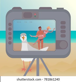 selfie with a man woman and a seagull on the beach. Vector illustration