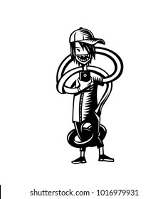 Selfie mania! Excited guy is making selfie on a camera. vector illustration.